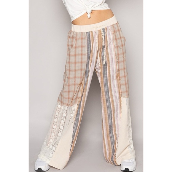 POL Natural Tan Washed Cotton Plaid with Stripes Lace Leg Pants - Picture 7 of 12